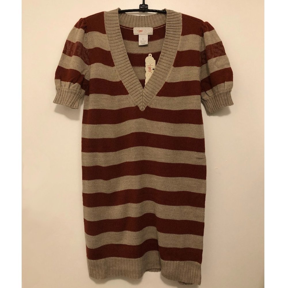 Stussy Brown and Tan Striped V-Neck Mini Dress
